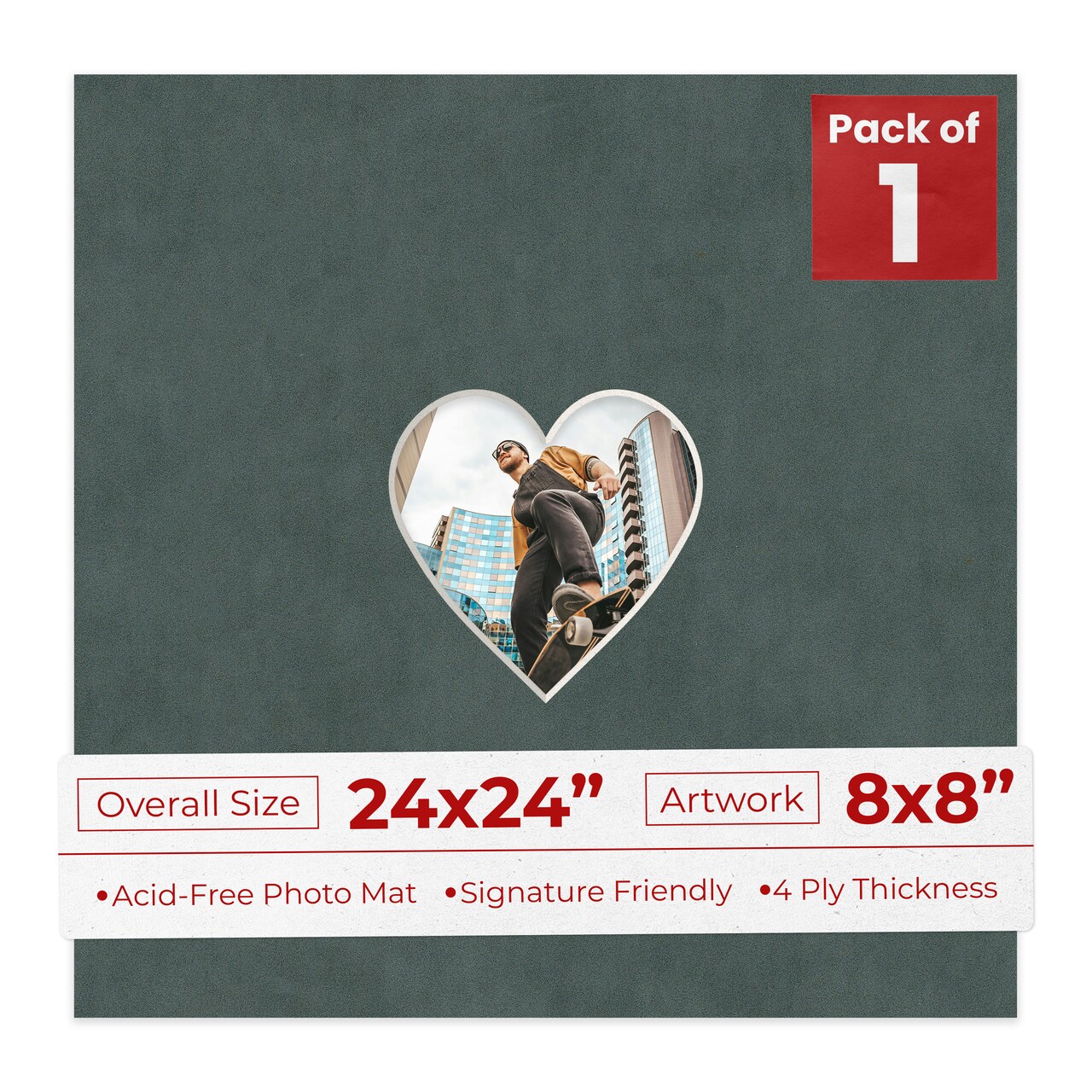 Dark Grey Suede Mat Board for 24x24 Frames - Heart Opening for 8x8 Photos